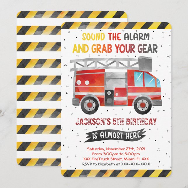 Invitaciones de cumpleaños de camión de bomberos (Anverso / Reverso)