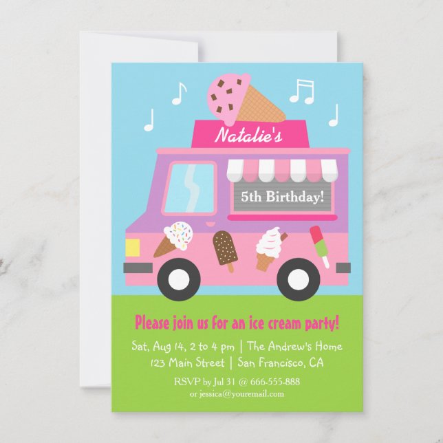 Invitaciones de cumpleaños de camión de helado mor (Anverso)