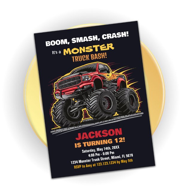 Invitaciones de cumpleaños de Camión Negro Rojo (Red Black Monster Truck Birthday Invitations)