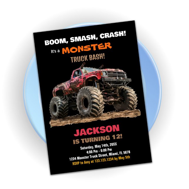 Invitaciones de cumpleaños de Camión Negro Rojo (Red Black Monster Truck Birthday Invitations
)