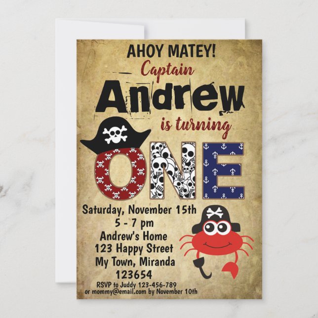 invitaciones de cumpleaños de cangrejo pirata (Anverso)