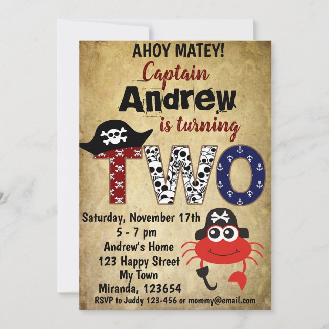 invitaciones de cumpleaños de cangrejo pirata,Tema (Anverso)