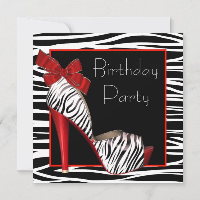 Invitaciones de cumpleaños de cebra roja para muje (Anverso)