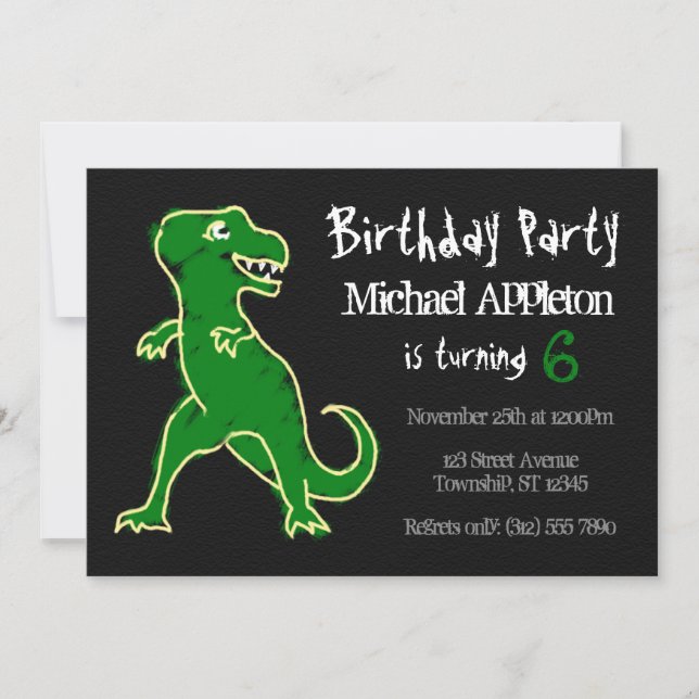 Invitaciones de cumpleaños de Chalkboard T-Rex Din (Anverso)