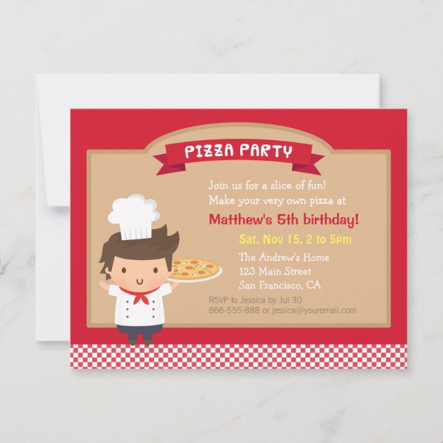 Invitaciones de Cumpleaños de Chef Niño de Pizza A (Anverso)