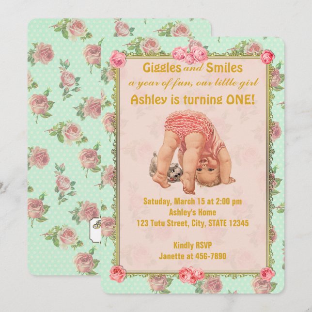 Invitaciones de cumpleaños de Chica juguetón vinta (Anverso / Reverso)