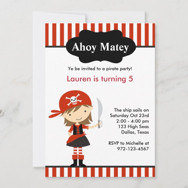 Invitaciones de cumpleaños de Chica Pirata Rojo (Anverso)