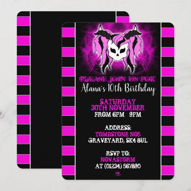 Invitaciones de cumpleaños de chicas de cráneo ros (Anverso / Reverso)