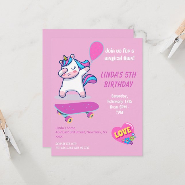 Invitaciones de cumpleaños de Chicas de Unicorn (Anverso/Reverso In Situ)