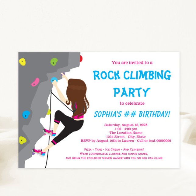 Invitaciones de cumpleaños de chicas escalada en r (Cute colorful rock climbing party invitation.)