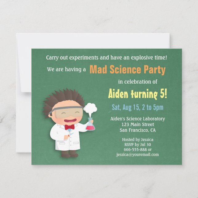 Invitaciones de cumpleaños de ciencia loca para ci (Anverso)