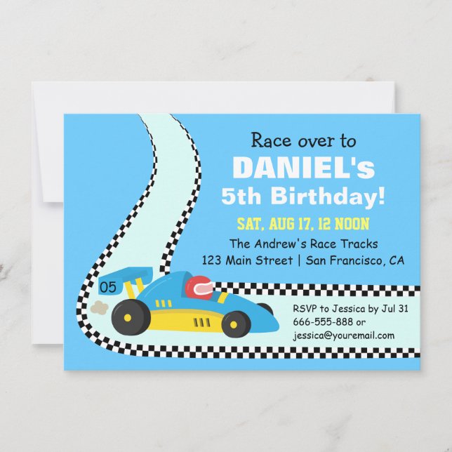 Invitaciones de cumpleaños de coche de carreras az (Anverso)