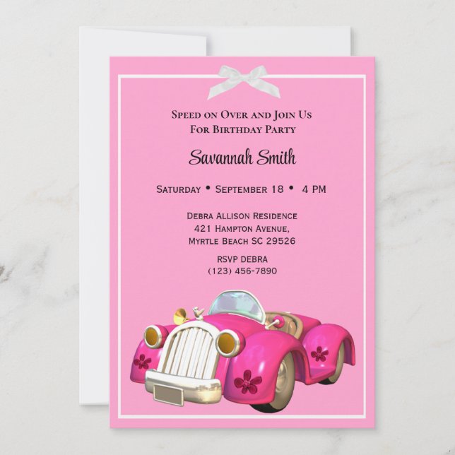 Invitaciones de cumpleaños de coches rosados (Anverso)
