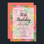 Invitaciones de cumpleaños de color de agua brilla<br><div class="desc">Hermosas flores abstractas color agua rosa con capullos amarillos y hojas verdes,  perfectas para CUALQUIER AÑO invitaciones de fiesta de cumpleaños de una mujer! COORDINACIÓN de placas de papel,  servilletas y otros artículos disponibles —> http://bit.ly/2WIIuSV <—</div>