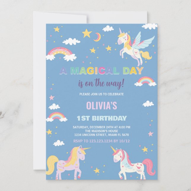Invitaciones de cumpleaños de Colores Unicornios (Anverso)