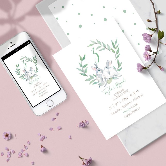 Invitaciones de cumpleaños de conejo en acuarela e (kids birthday party invitation gender neutral bunny watercolor art by Victoria Grigaliunas)