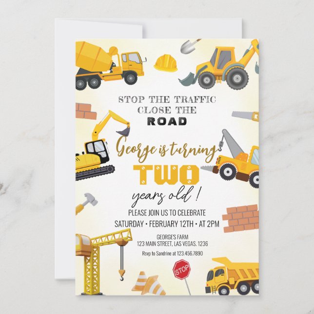 Invitaciones de cumpleaños de construcción (Anverso)