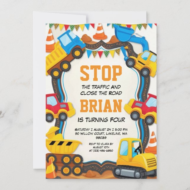 invitaciones de cumpleaños de construcción de máqu (Anverso)