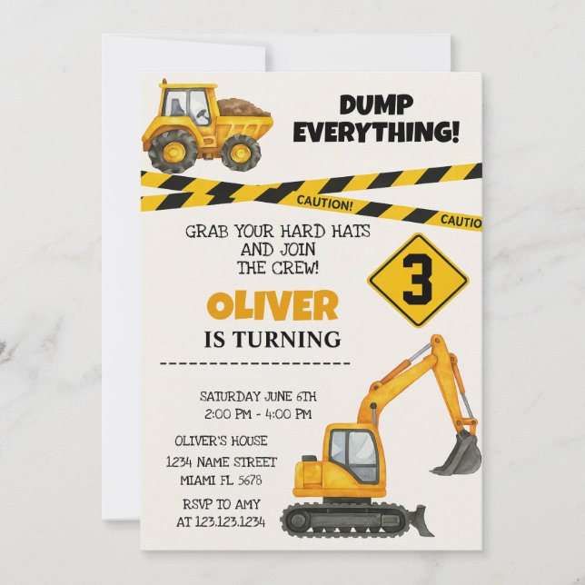 Invitaciones de cumpleaños de construcción editabl (Anverso)