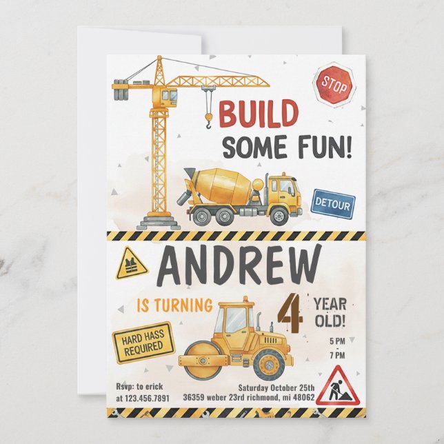 Invitaciones de cumpleaños de construcción persona (Anverso)