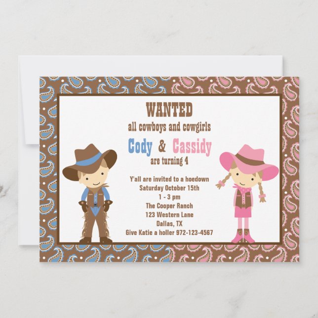 Invitaciones de cumpleaños de Cowboy y Cowgirl (Anverso)