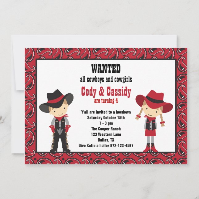 Invitaciones de cumpleaños de Cowboy y Cowgirl (Anverso)