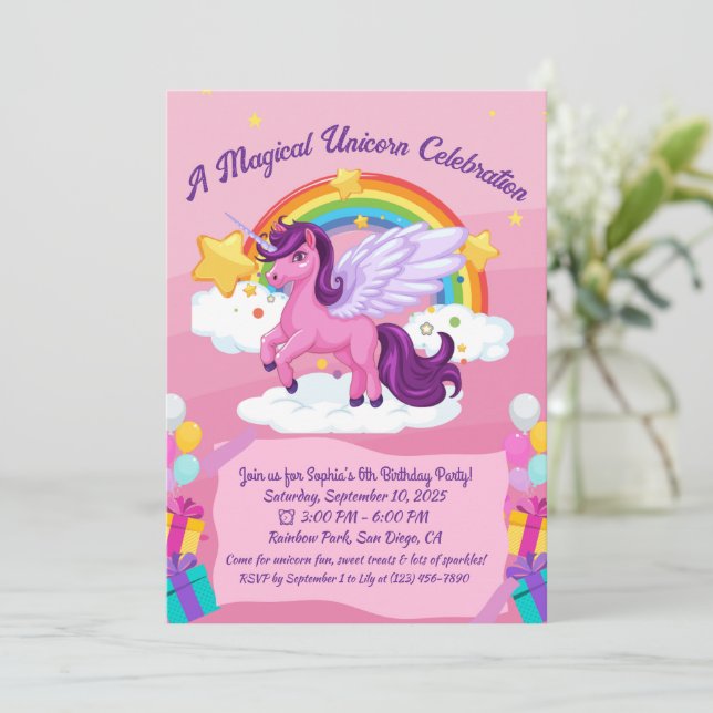 Invitaciones de cumpleaños de Cute Kawaii Unicorn (Anverso de pie)