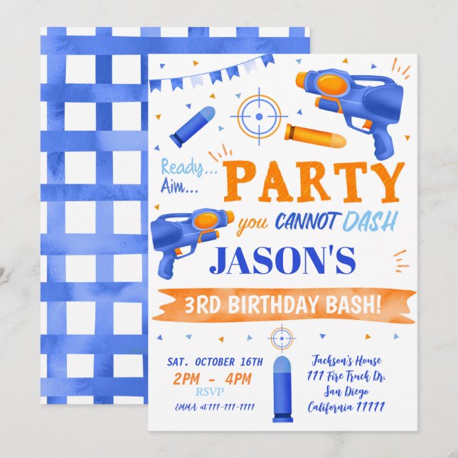 Invitaciones de cumpleaños de Dart Gun (Anverso / Reverso)