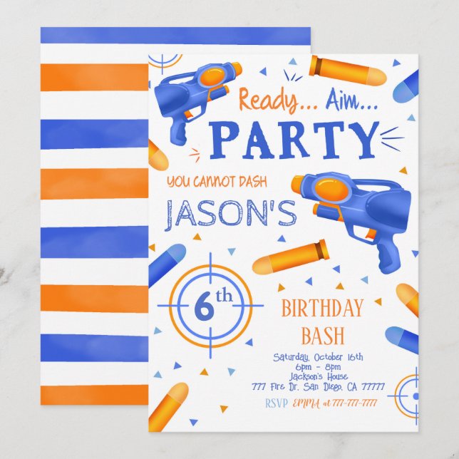 Invitaciones de cumpleaños de Dart Gun (Anverso / Reverso)