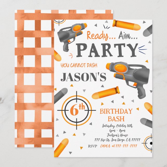 Invitaciones de cumpleaños de Dart Gun (Anverso / Reverso)