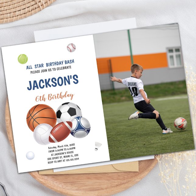 Invitaciones de cumpleaños de deportes blancos con (White Sports Birthday Invitations with photo)
