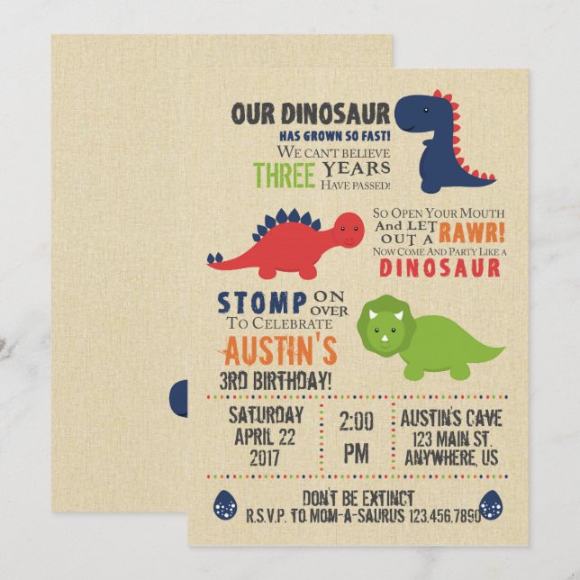 Invitaciones de cumpleaños de Dinosaur (Anverso / Reverso)
