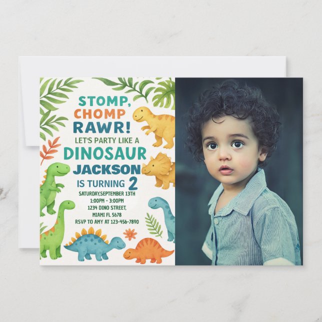 Invitaciones de cumpleaños de Dinosaur con foto (Anverso)
