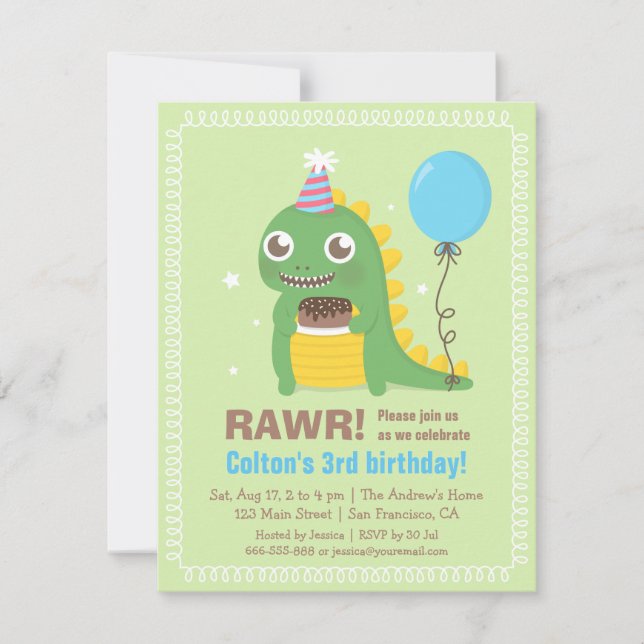 Invitaciones de cumpleaños de dinosaurio lindos (Anverso)