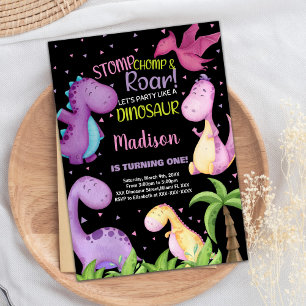 Invitaciones de cumpleaños de dinosaurio negro ros