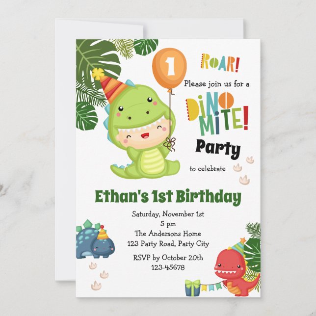 Invitaciones de cumpleaños de dinosaurio niño prim (Anverso)