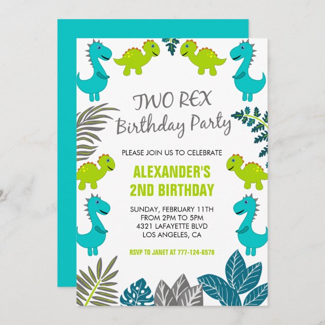 Invitaciones de cumpleaños de dinosaurios a dos se (Anverso / Reverso)