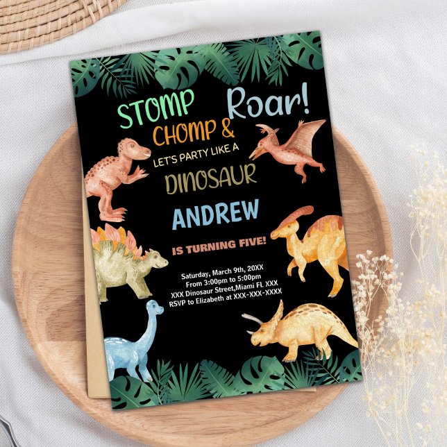 Invitaciones de cumpleaños de dinosaurios de Purpu (Barwon Black Glitter Dinosaur Birthday Invitations)