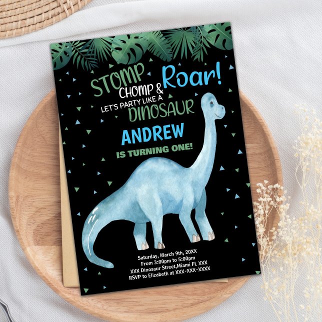 Invitaciones de cumpleaños de dinosaurios negros v (Blue Green Black Dinosaur Birthday Invitations)