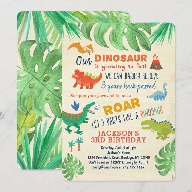 Invitaciones de cumpleaños de dinosaurios niños Fi (Anverso / Reverso)