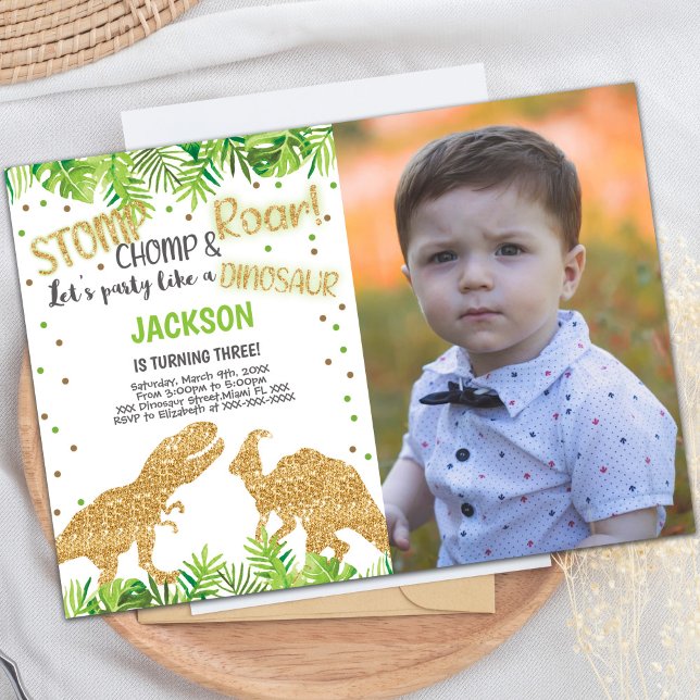 Invitaciones de cumpleaños de dinosaurios purpurin (Glitter Dinosaurs Birthday Invitations w photo)