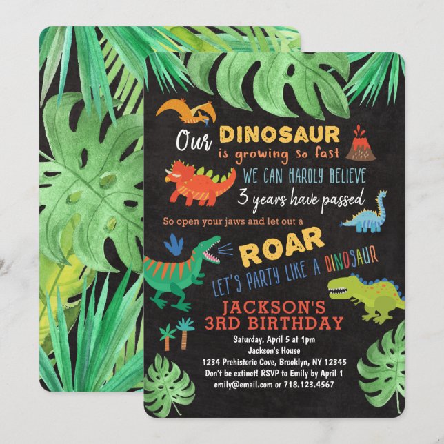 Invitaciones de cumpleaños de dinosaurios roar Fie (Anverso / Reverso)