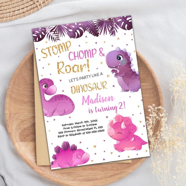 Invitaciones de cumpleaños de dinosaurios rosados  (Pink Purple Dinosaur Birthday Invitations)