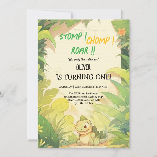 invitaciones de cumpleaños de dinosaurios verdes b (Anverso)