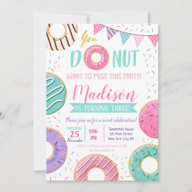 Invitaciones de cumpleaños de Donut (Anverso)