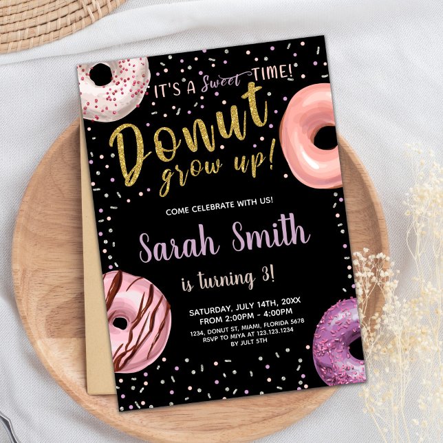 Invitaciones de cumpleaños de Donut Purpurina Shad (Donut Glitter Shadow Donut Birthday Invitations)