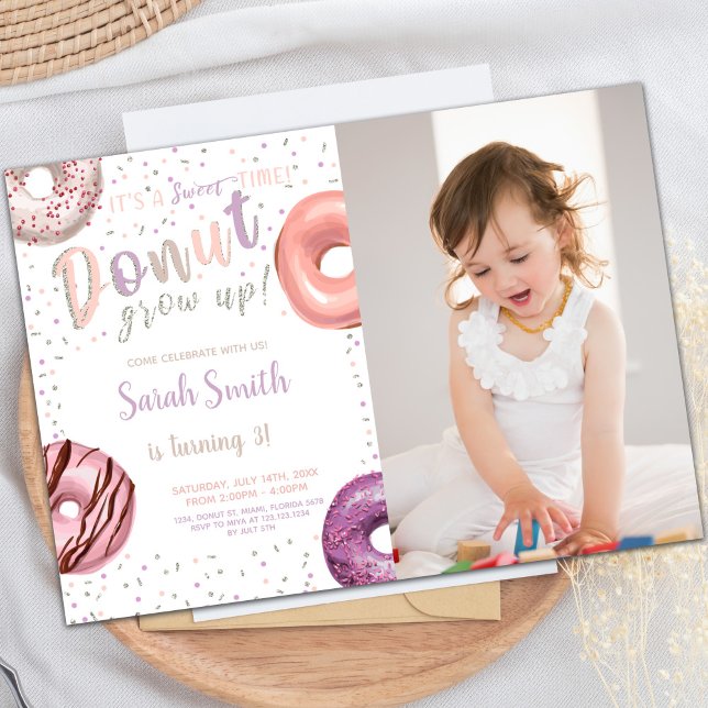 Invitaciones de cumpleaños de Donut Silver con fot (Donut Silver Donut Birthday Invitations with photo)