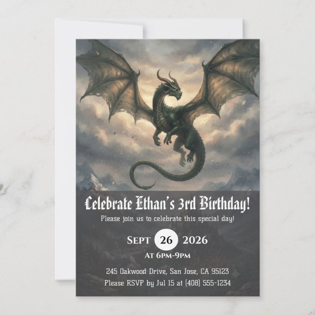 invitaciones de cumpleaños de dragón acuarela (Anverso)
