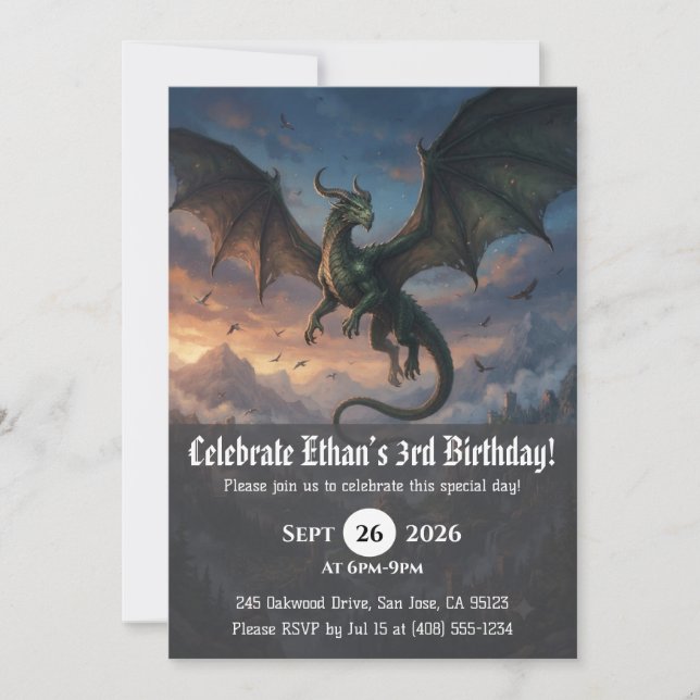 Invitaciones de cumpleaños de dragón acuarela (Anverso)
