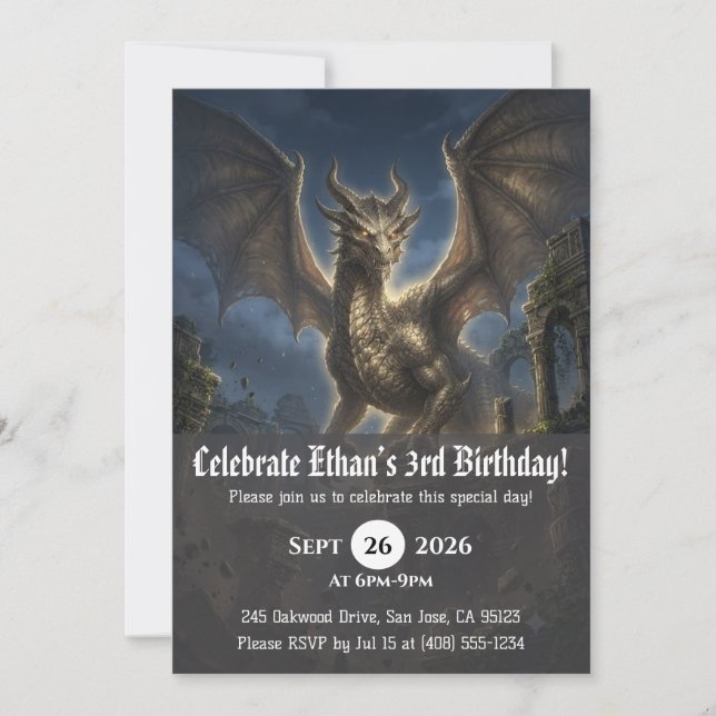 Invitaciones de cumpleaños de dragón acuarela (Anverso)